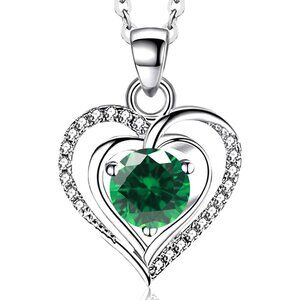 Heart Birthstone Pendant Necklace Silver Zirconia Wedding Anniversary Gift for H